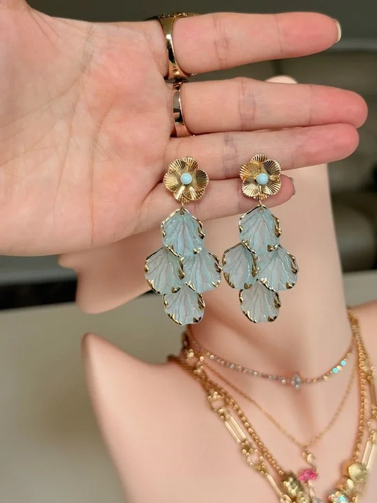 Gold-Tone Blue Leaf Drop Earrings - Picture 9 of 9